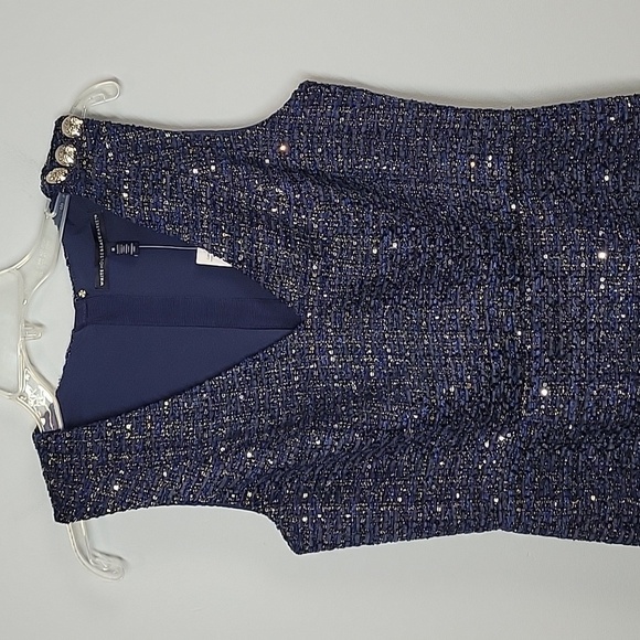WHBM classic blue glitter tweed sheath dress Gold buttons on shoulder - Picture 3 of 11